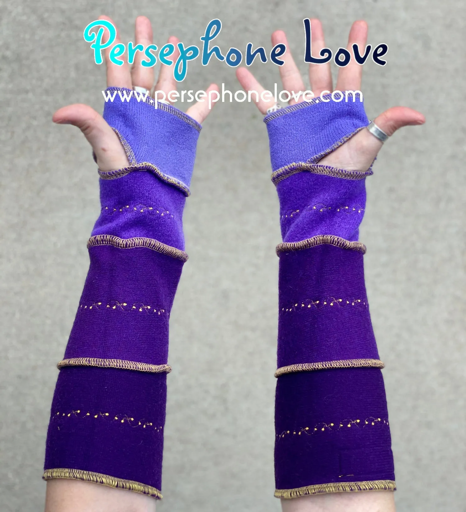 Katwise inspired needle-felted purple 100% cashmere embroidered upcycled sweater arm warmers-1408