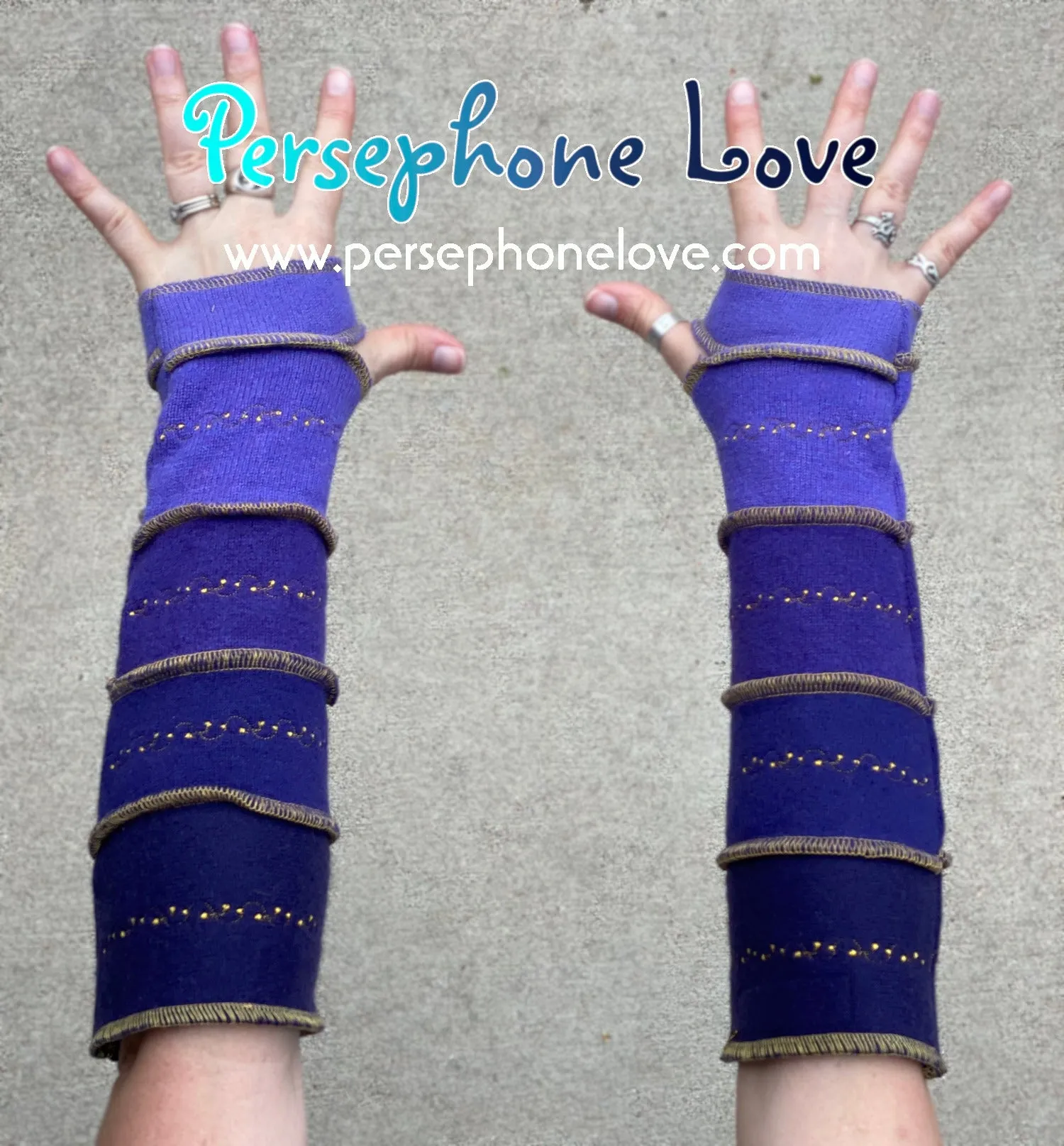 Katwise inspired needle-felted purple 100% cashmere embroidered upcycled sweater arm warmers -1416