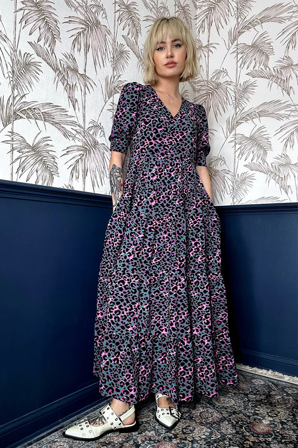 Khaki with Pink and Black Small Shadow Leopard Maxi Dress