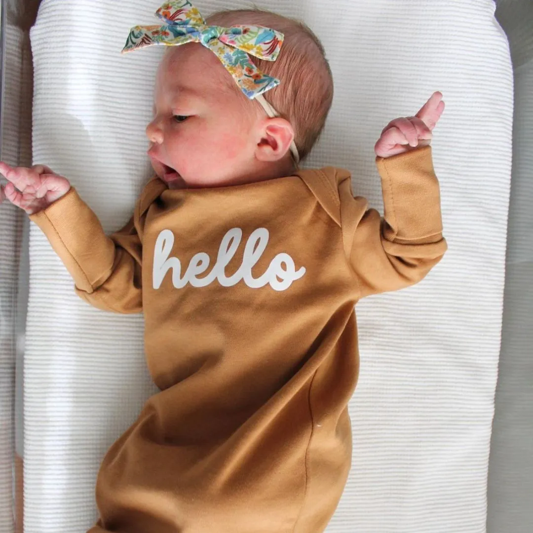 KNOTTED GOWN - Organic Cotton - CAMEL w/ White - MULTIPLE DESIGNS