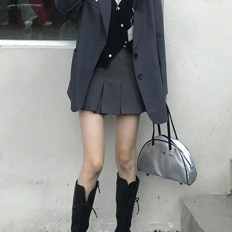 Korean Fashion Gray Pleated Skirt Women Vintage Cute High Waist Sexy Mini Skirts Kawaii Preppy Style Summer Streetwear