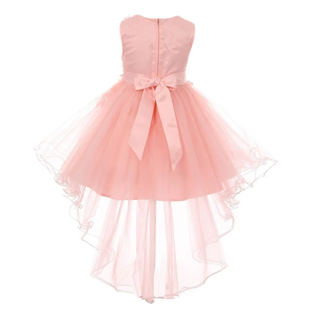 Little Girls Blush 3D Floral Appliques Hi-Low Tulle Flower Girl Dress 2-6