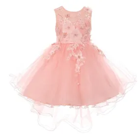 Little Girls Blush 3D Floral Appliques Hi-Low Tulle Flower Girl Dress 2-6