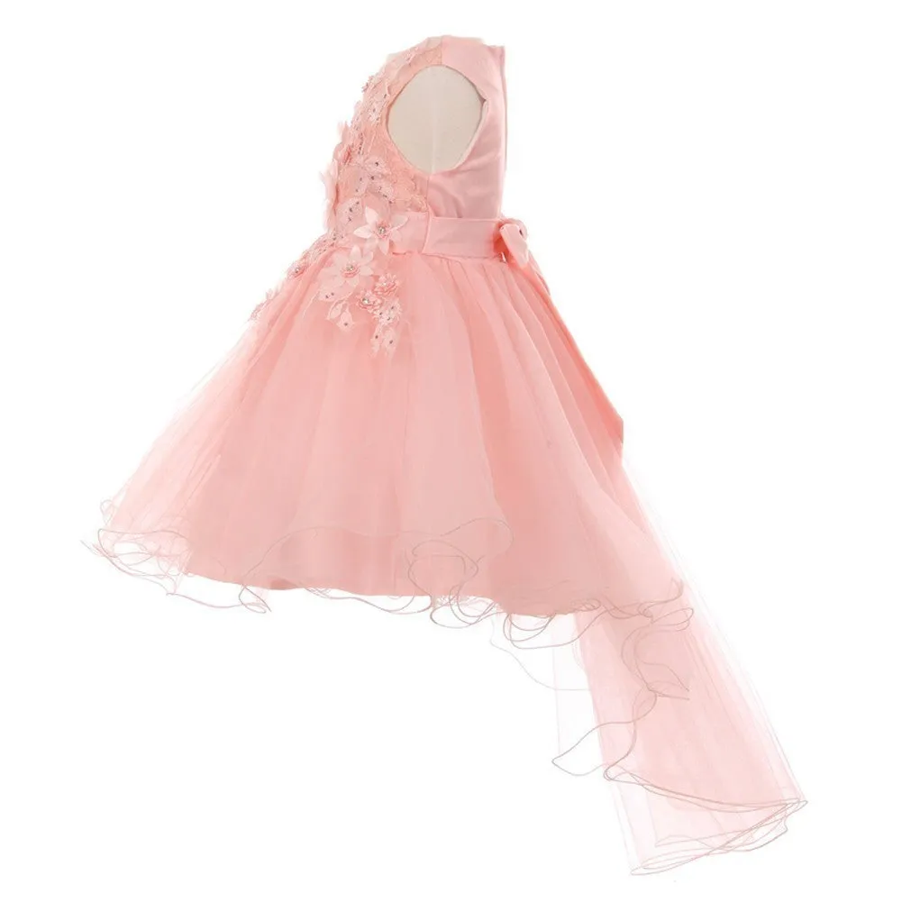 Little Girls Blush 3D Floral Appliques Hi-Low Tulle Flower Girl Dress 2-6