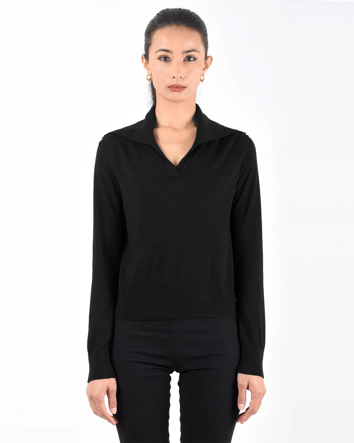 Long Sleeve Merino Polo Shirt | Black