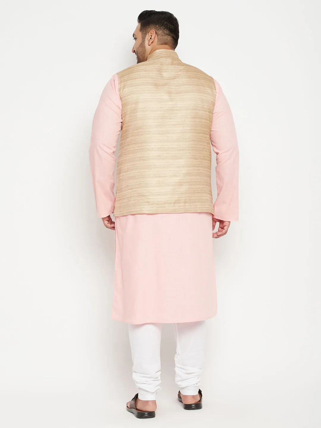 Men's Plus Pink, Beige And White Cotton Blend Jacket Kurta Pyjama Set - Vastramay