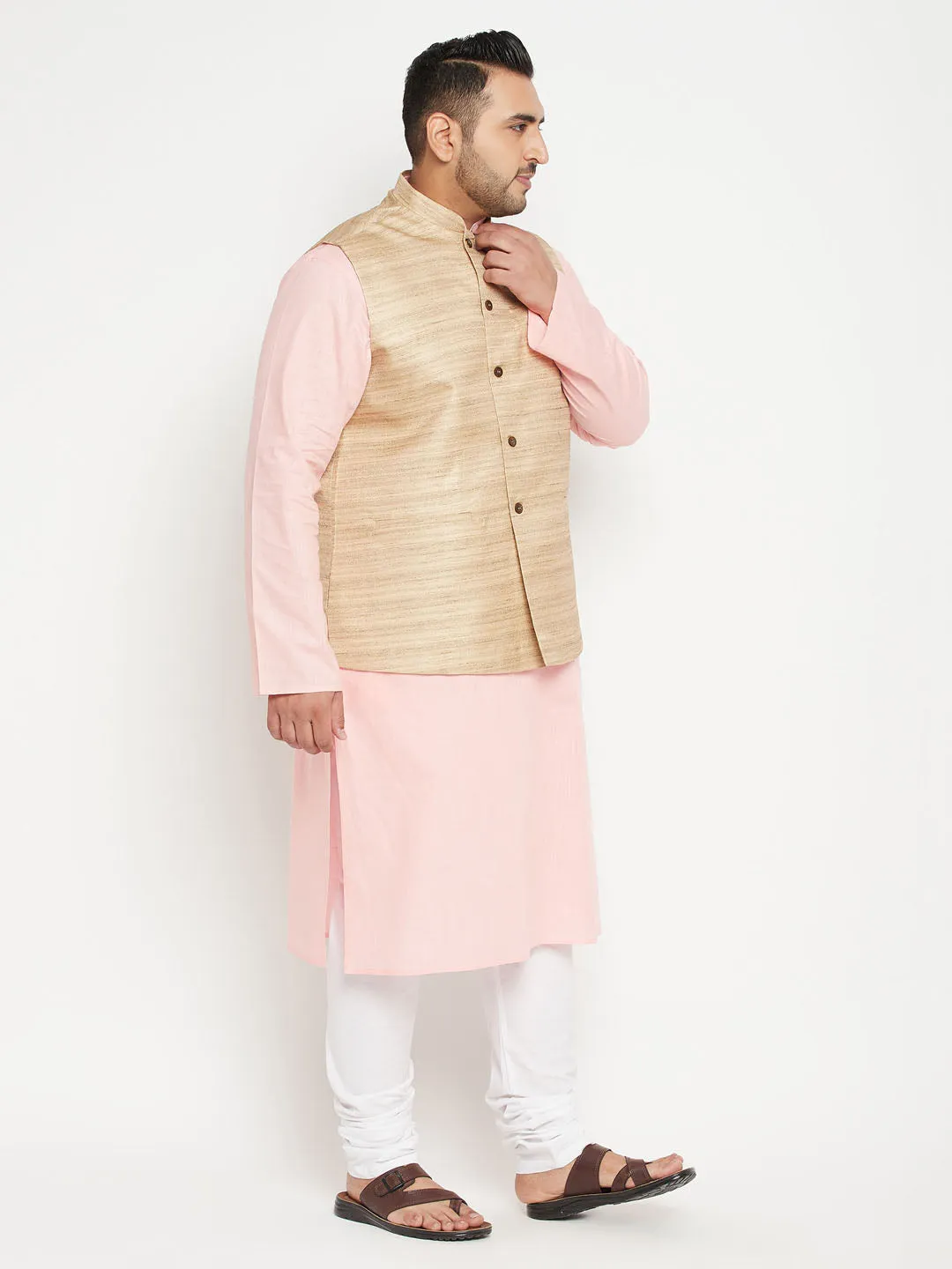 Men's Plus Pink, Beige And White Cotton Blend Jacket Kurta Pyjama Set - Vastramay