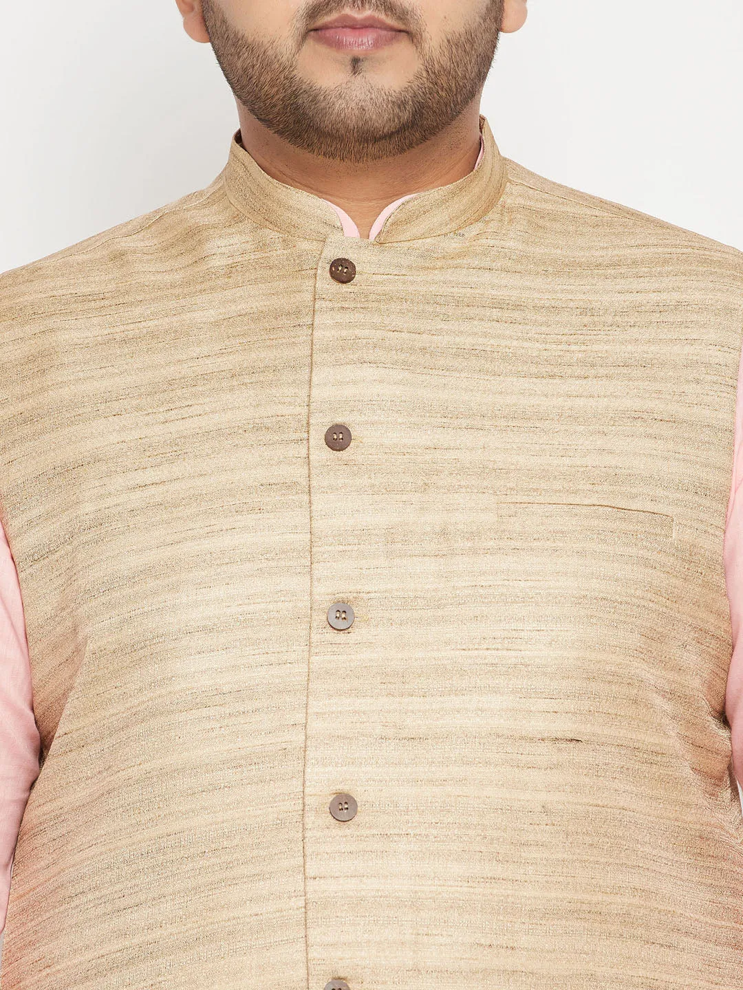 Men's Plus Pink, Beige And White Cotton Blend Jacket Kurta Pyjama Set - Vastramay