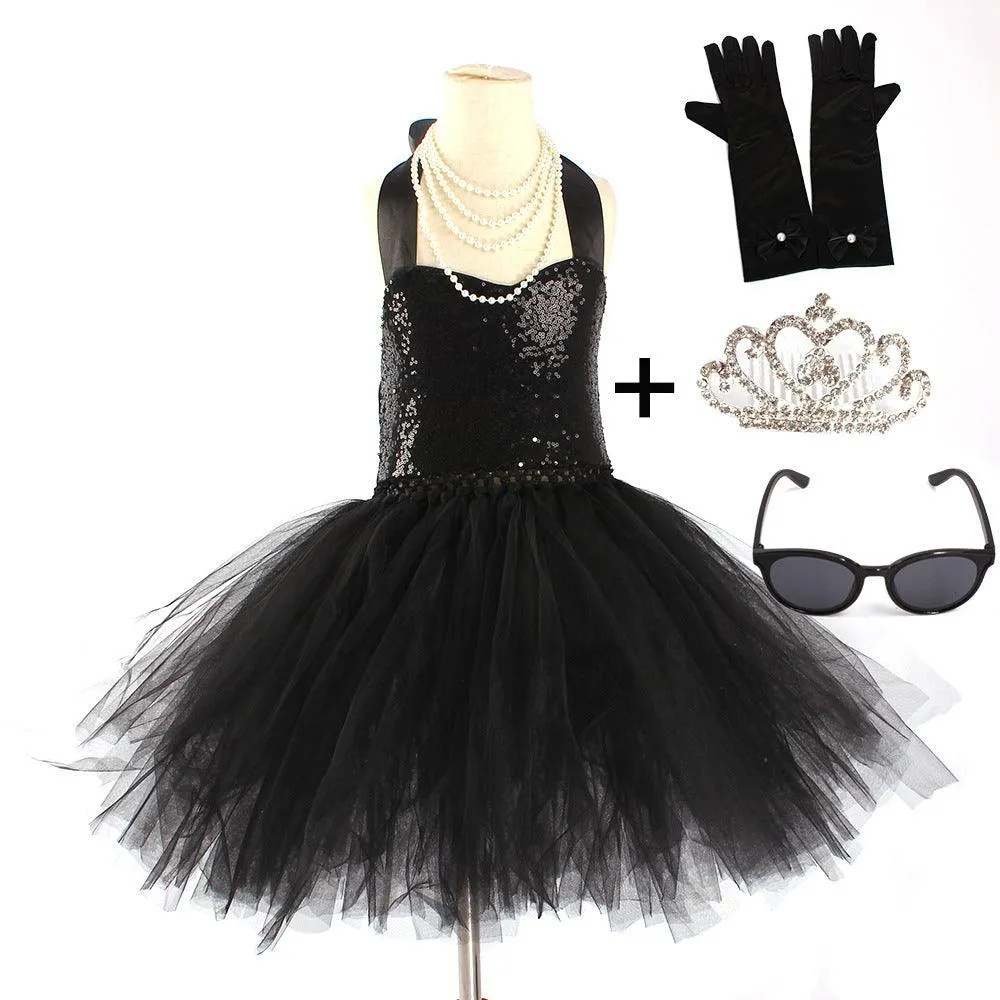 New Halloween party cosplay girl princess dress sequin black elegant children's evening dress hair accessory set