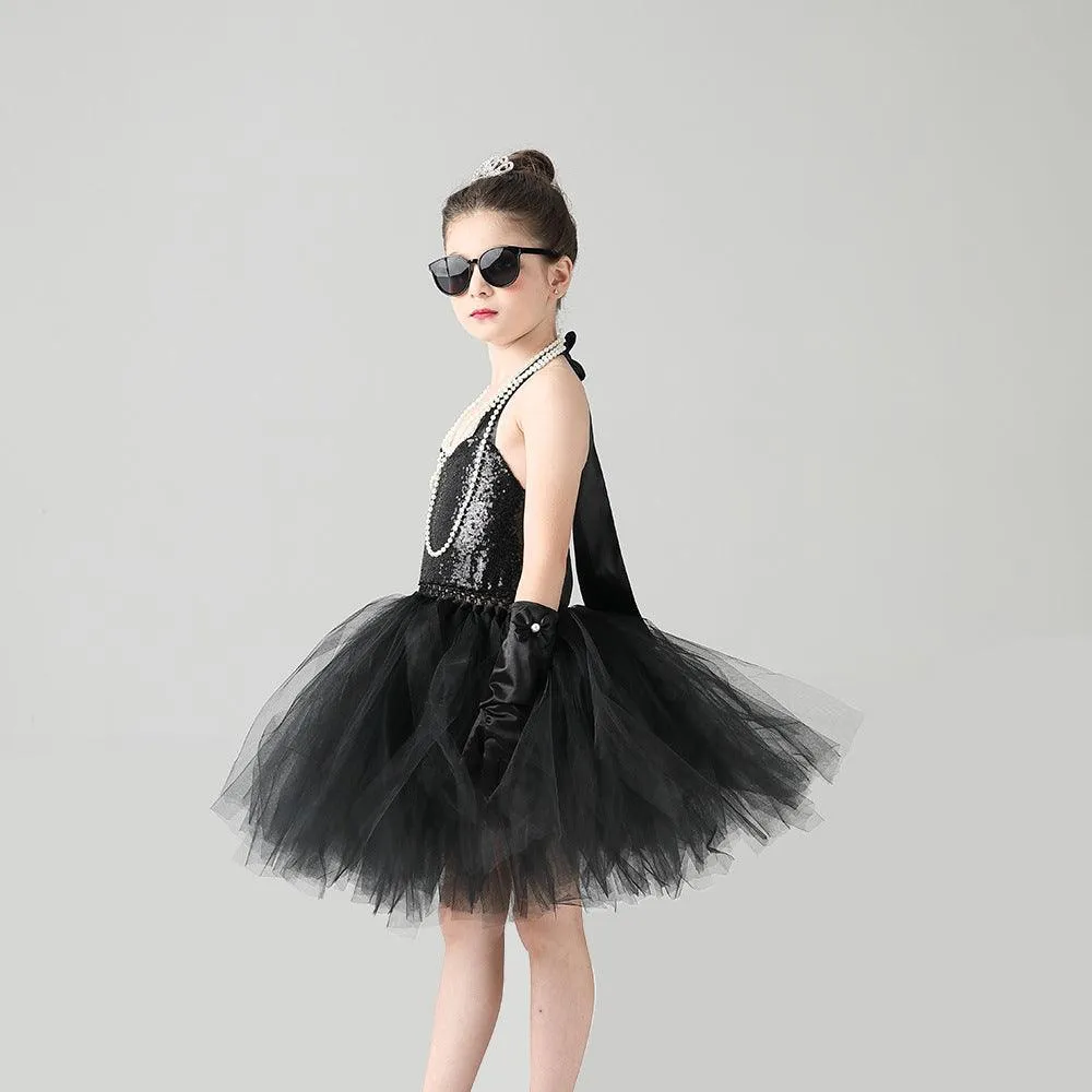 New Halloween party cosplay girl princess dress sequin black elegant children's evening dress hair accessory set