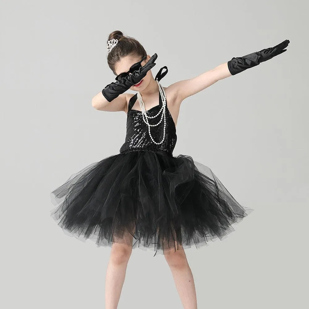 New Halloween party cosplay girl princess dress sequin black elegant children's evening dress hair accessory set