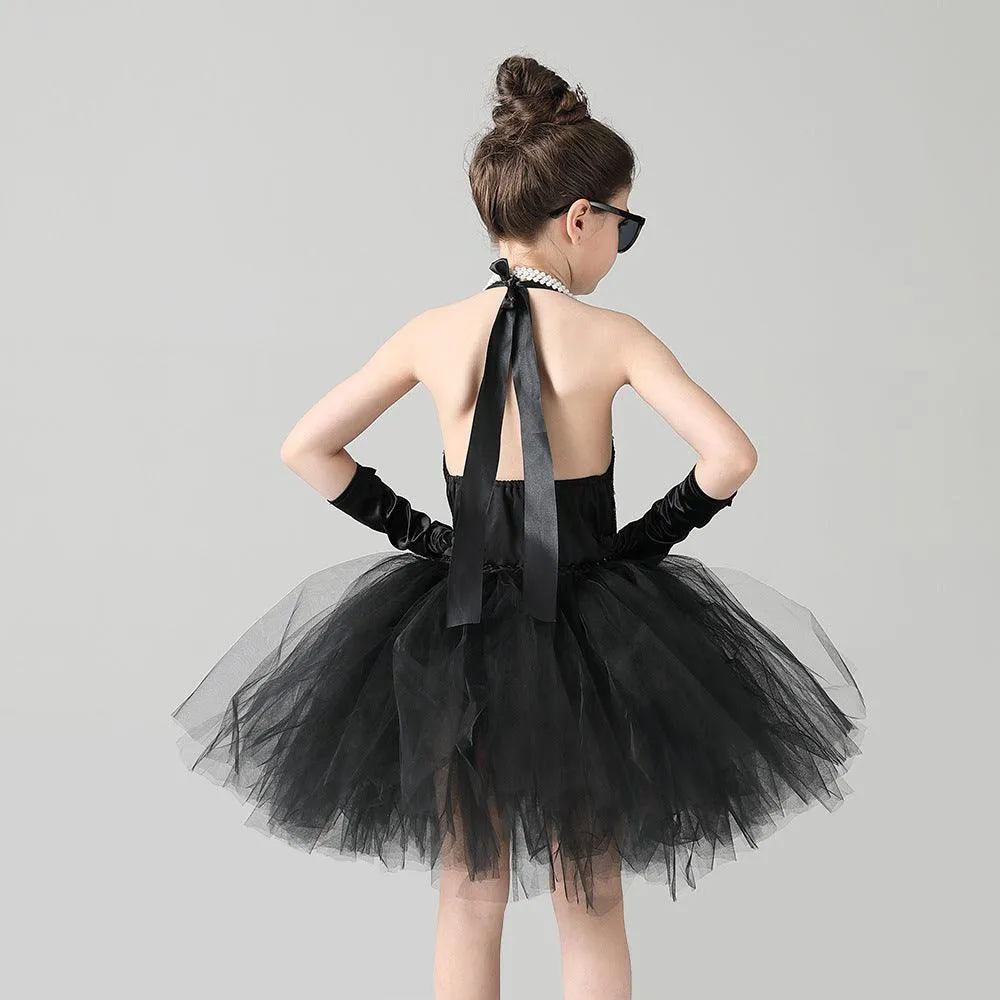 New Halloween party cosplay girl princess dress sequin black elegant children's evening dress hair accessory set