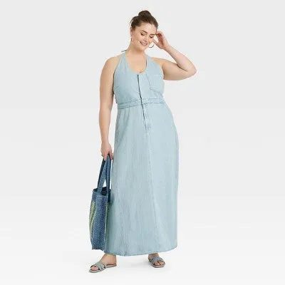New - Women's Halter Neck Denim Maxi Dress - Universal Thread™ Blue 26