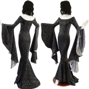 Off Shoulder Star Noir Sorceress Sleeve Gown with Scoop Neck and Silver Kaleidoscope Sleeve Linings