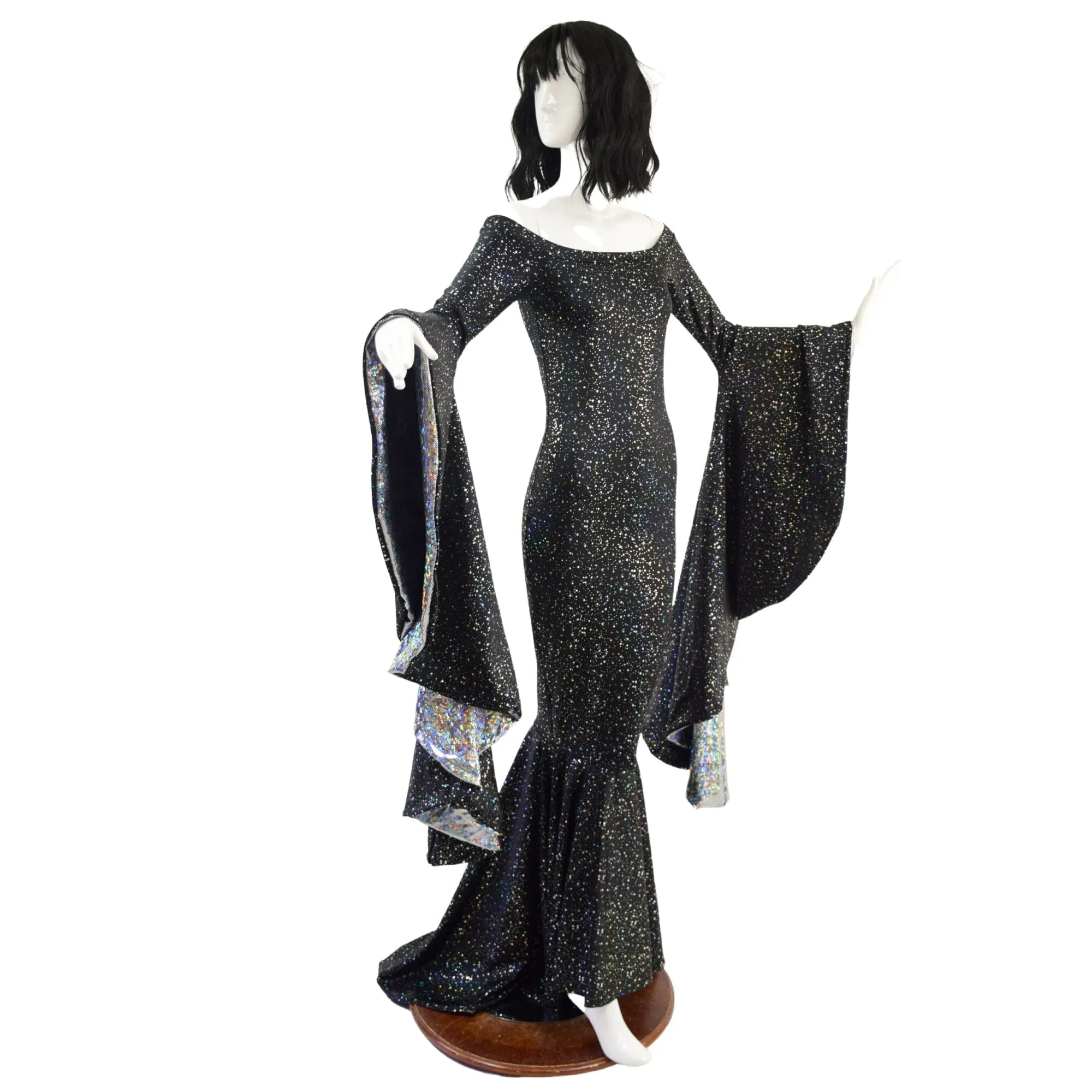 Off Shoulder Star Noir Sorceress Sleeve Gown with Scoop Neck and Silver Kaleidoscope Sleeve Linings