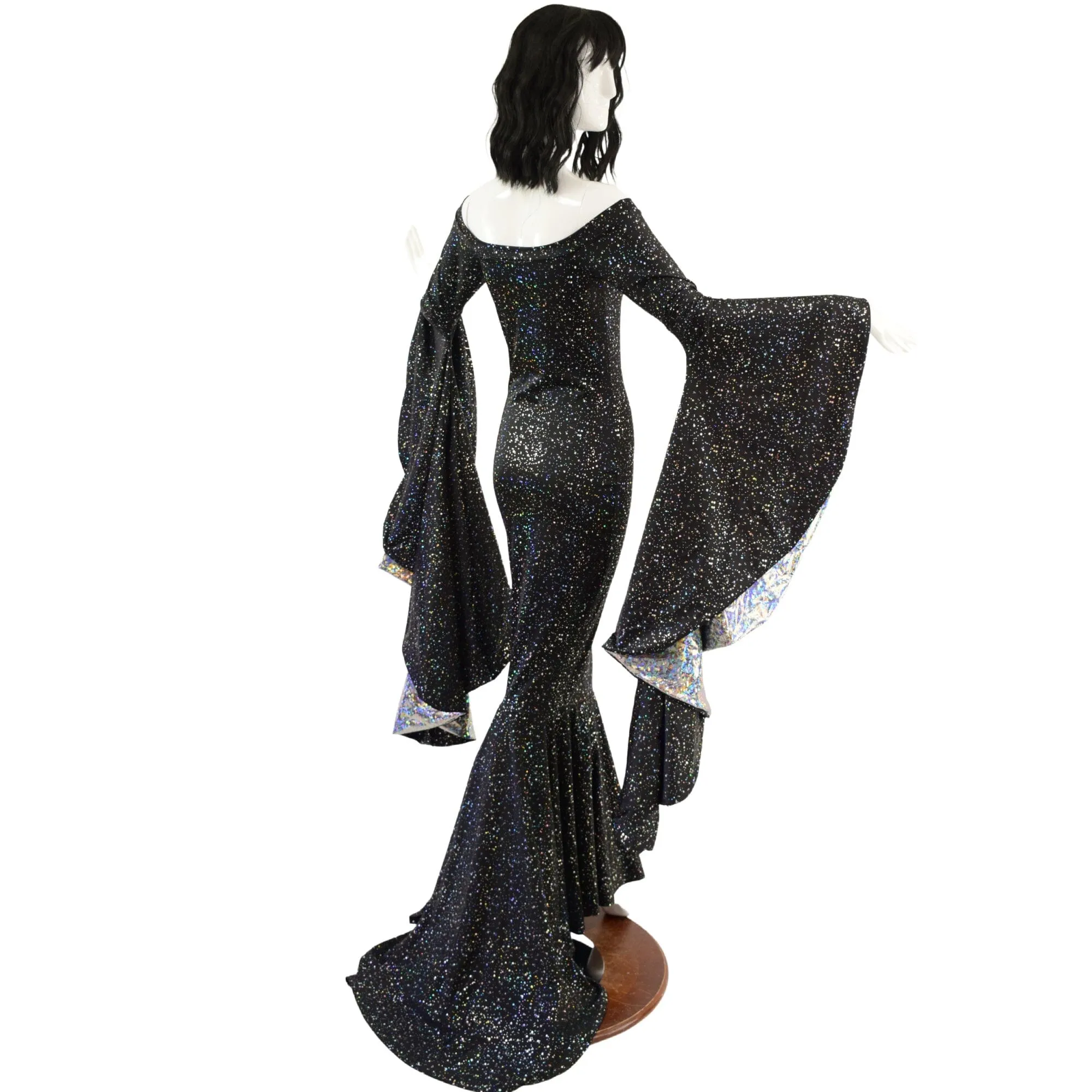 Off Shoulder Star Noir Sorceress Sleeve Gown with Scoop Neck and Silver Kaleidoscope Sleeve Linings