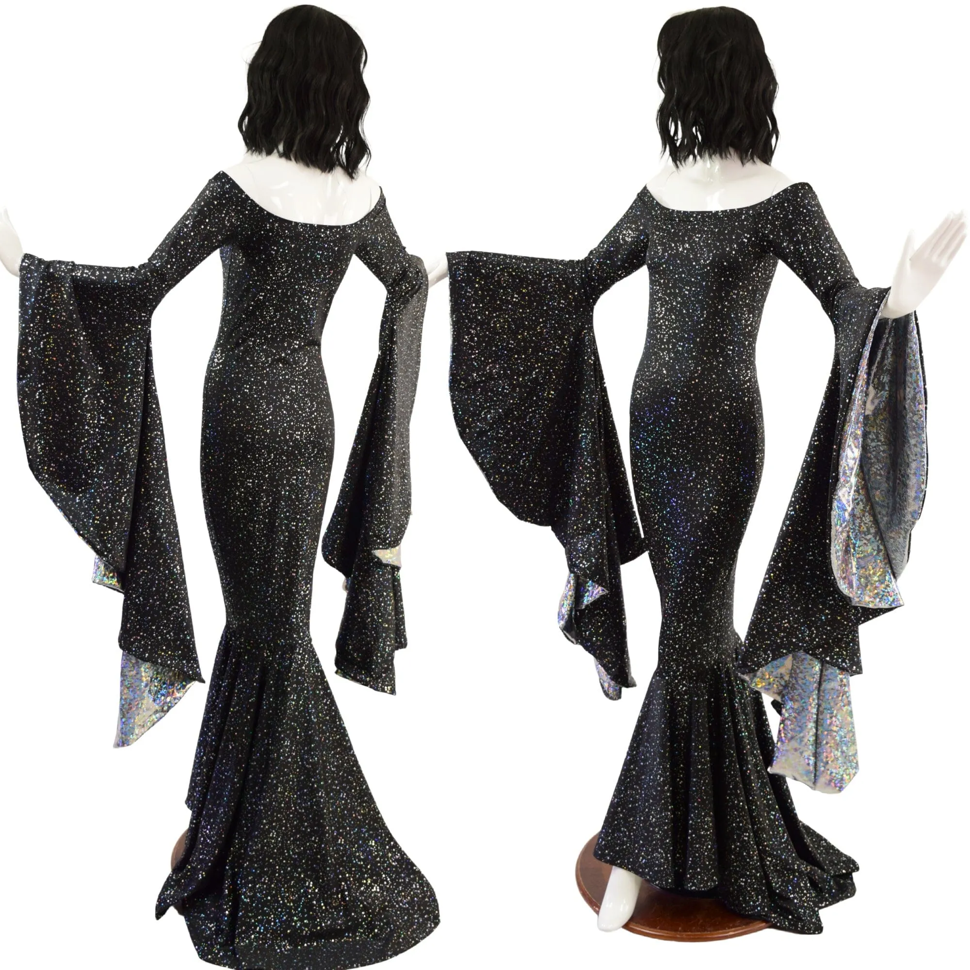 Off Shoulder Star Noir Sorceress Sleeve Gown with Scoop Neck and Silver Kaleidoscope Sleeve Linings