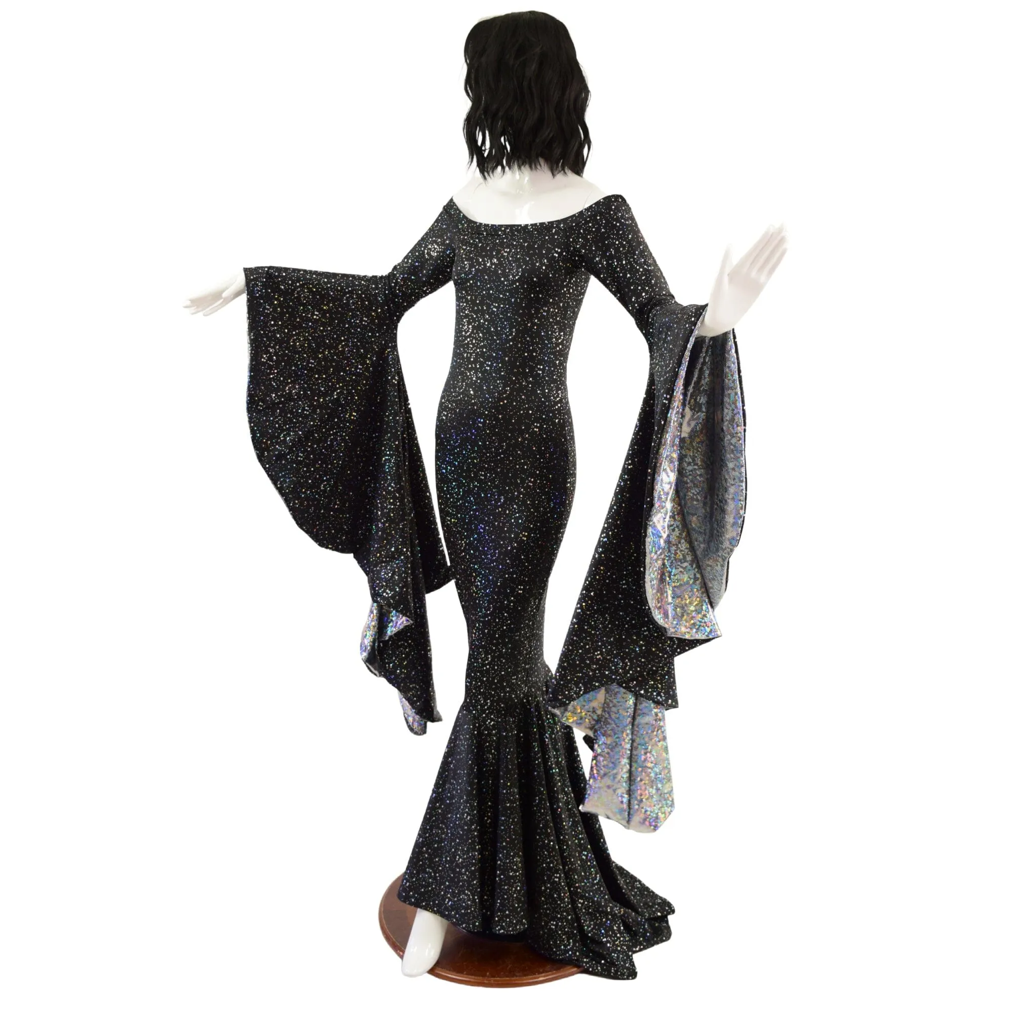 Off Shoulder Star Noir Sorceress Sleeve Gown with Scoop Neck and Silver Kaleidoscope Sleeve Linings
