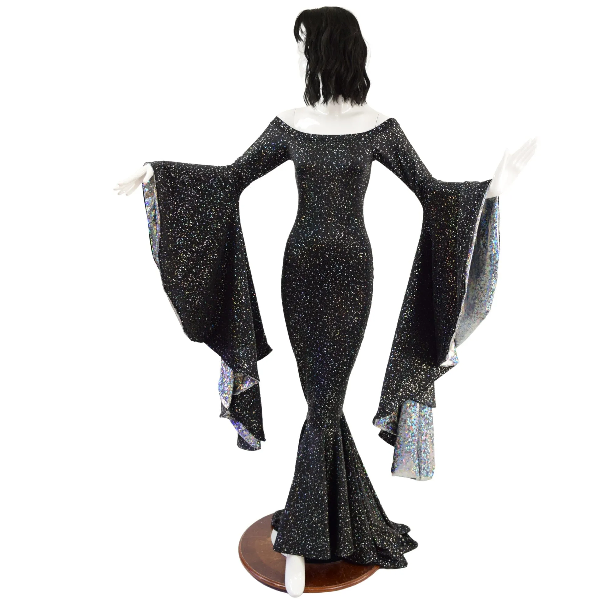 Off Shoulder Star Noir Sorceress Sleeve Gown with Scoop Neck and Silver Kaleidoscope Sleeve Linings