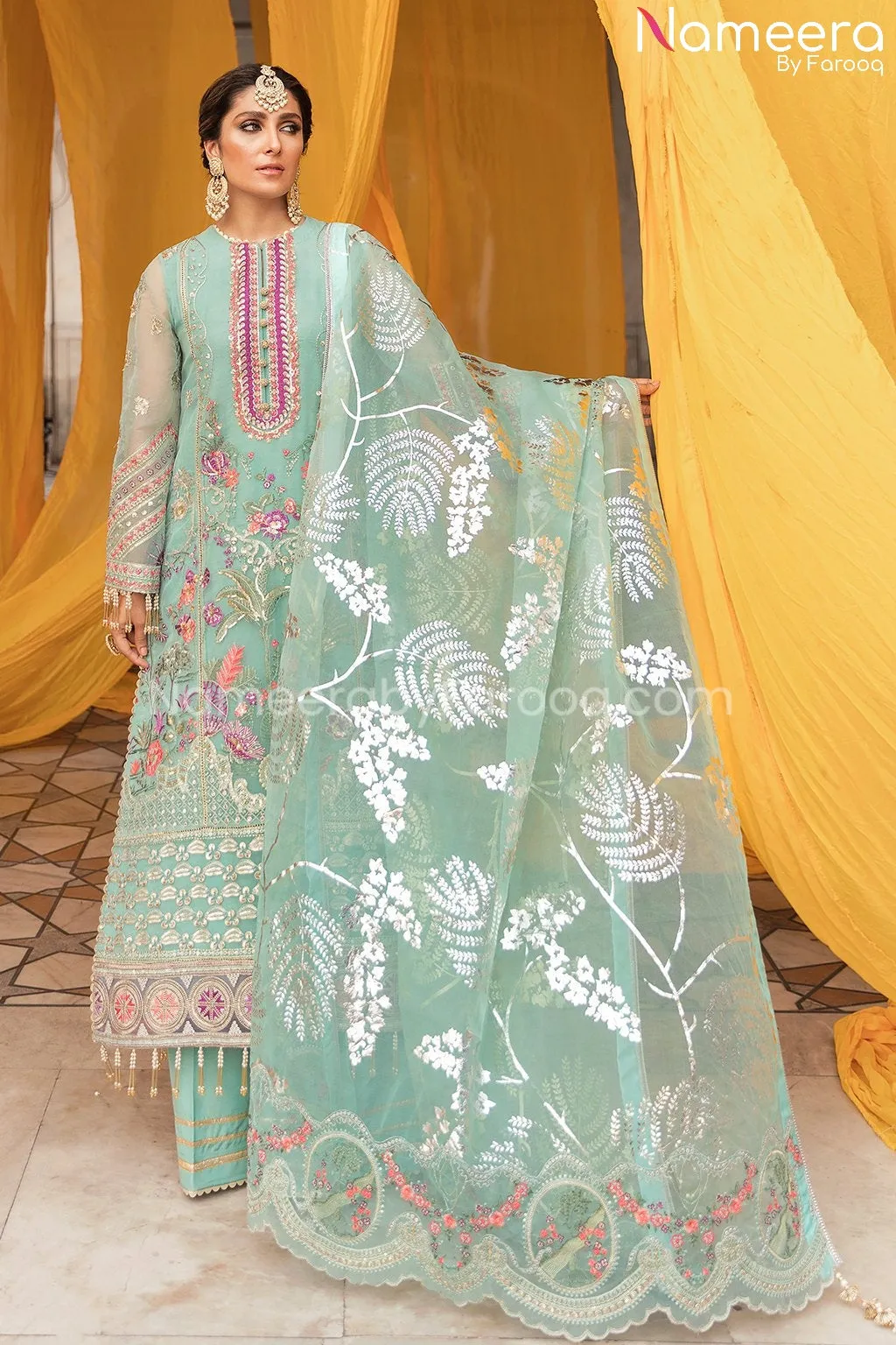 Pakistani Kameez Salwar in Aqua Blue Shade 2021 #PF211