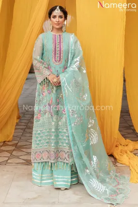 Pakistani Kameez Salwar in Aqua Blue Shade 2021 #PF211