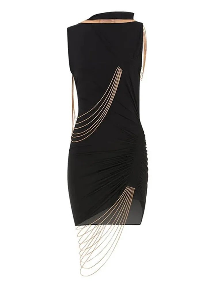Patchwork Chains Hollow Out Mini Dresses For Women Round Neck Sleeveless High Waist Folds Slimming Bodycon Dress Female New