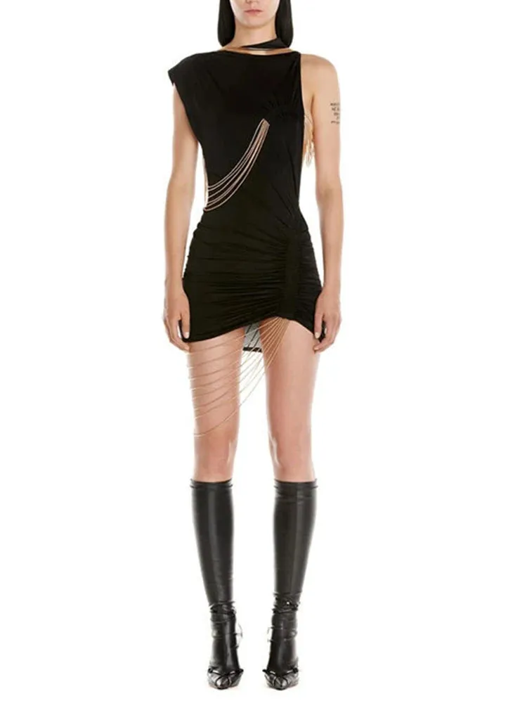 Patchwork Chains Hollow Out Mini Dresses For Women Round Neck Sleeveless High Waist Folds Slimming Bodycon Dress Female New