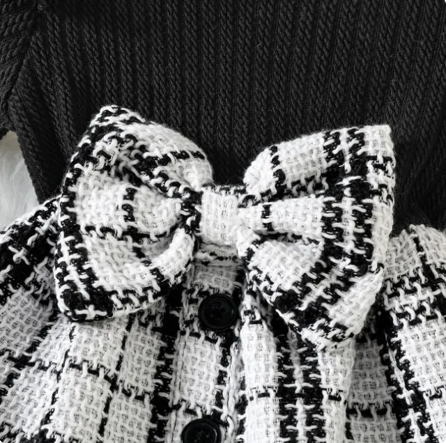 PatPat Rib Knit Ruffle Long-sleeve Spliced Tweed Bow Front Dress (9-12M)