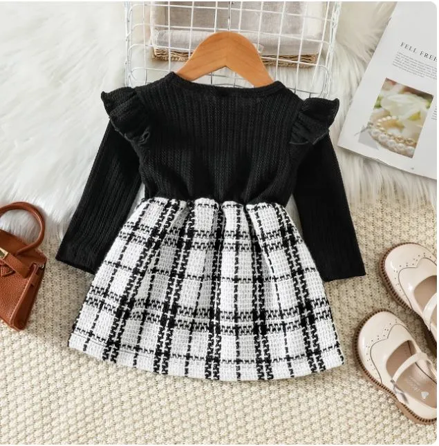PatPat Rib Knit Ruffle Long-sleeve Spliced Tweed Bow Front Dress (9-12M)