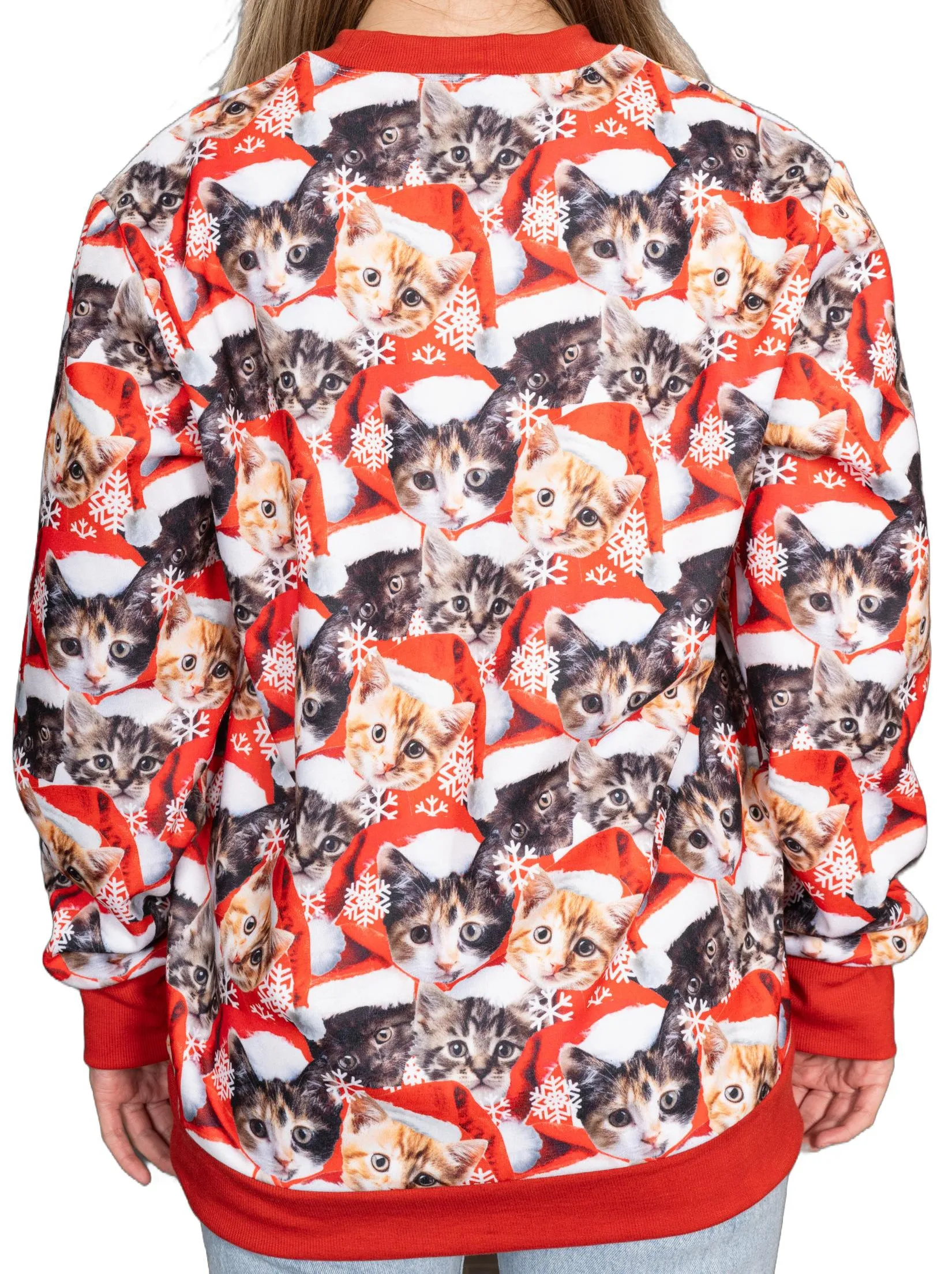 Poly Knit Long Sleeve Pullover with Cats All Over Graphic
