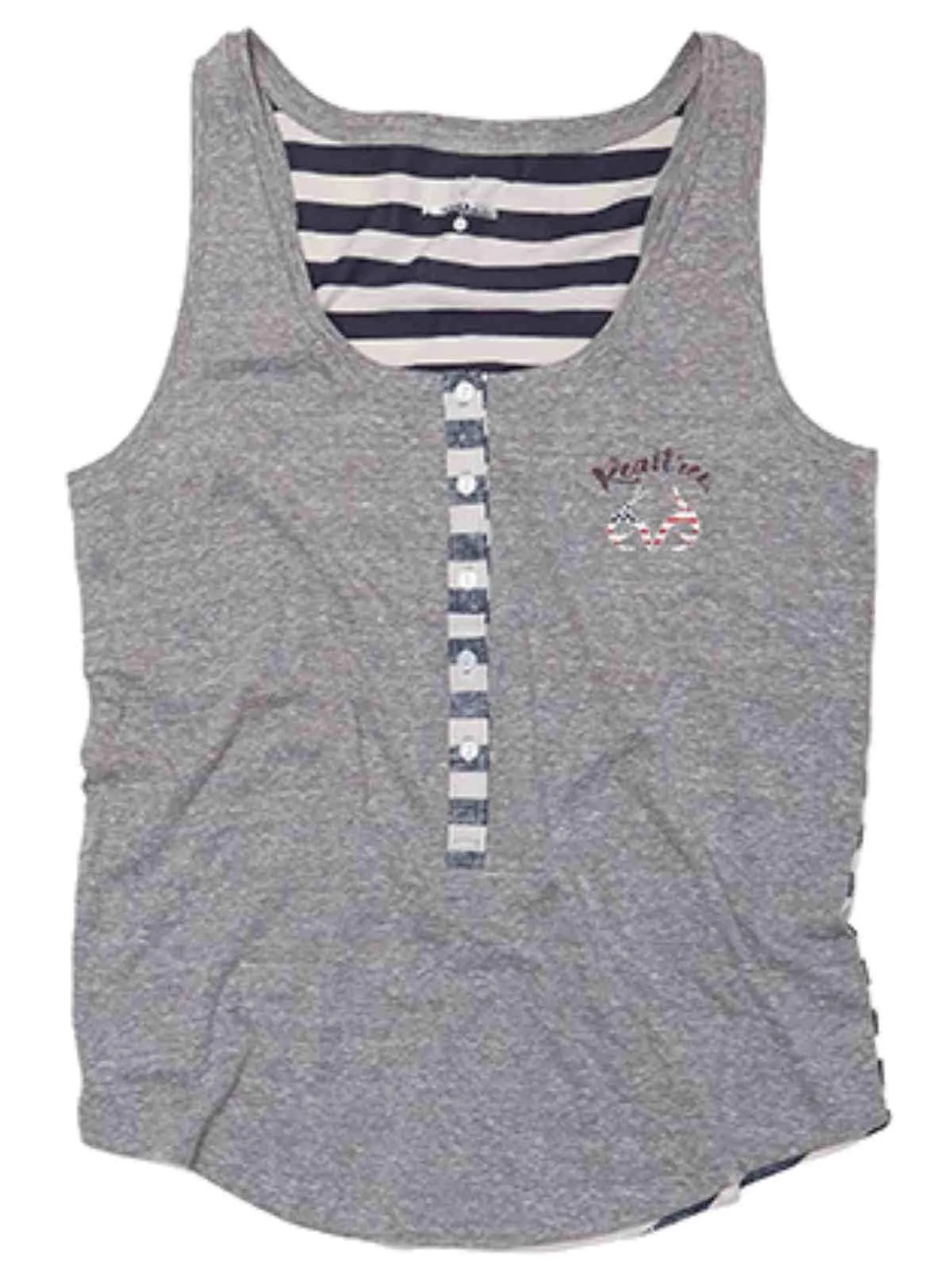 Realtree Camouflage WOMEN Heather Gray Navy Stripe USA Button Up Tank Top