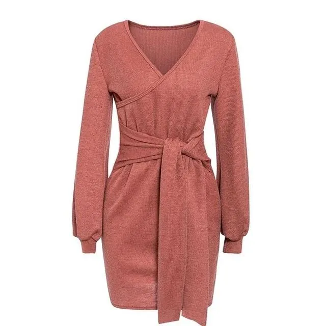Sexy V-Neck Knitted Elegant Solid Lantern Bow Belt Sweater Dress