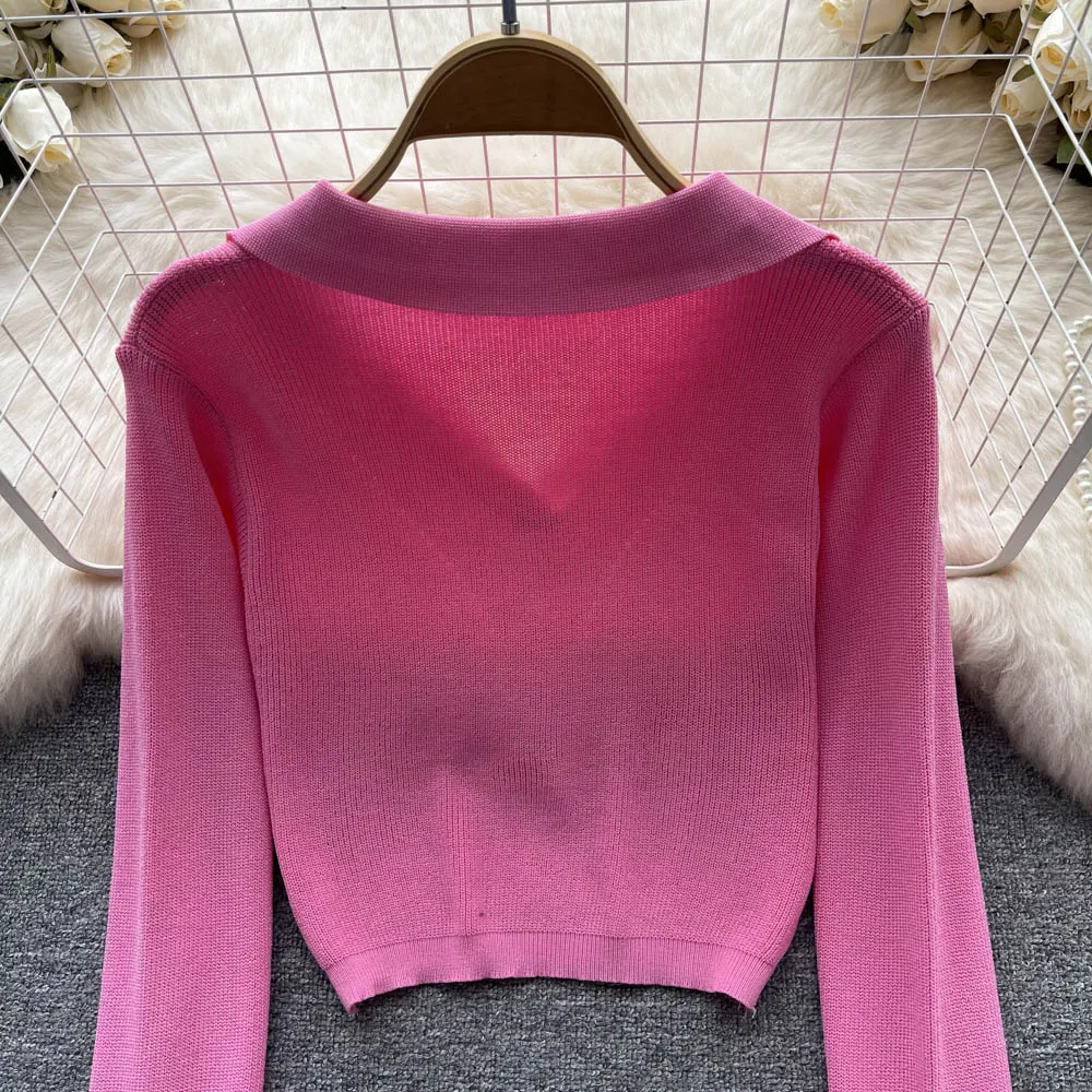 Solid Color Polo Collar Sweater