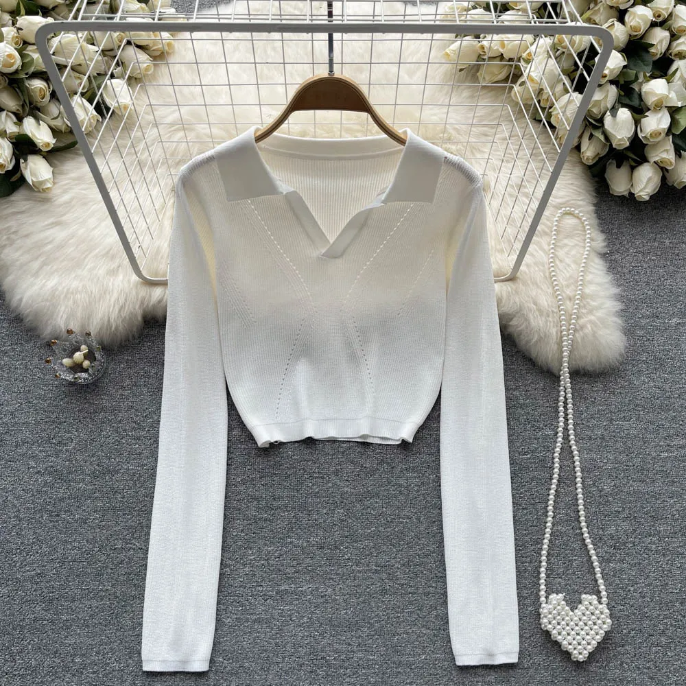 Solid Color Polo Collar Sweater