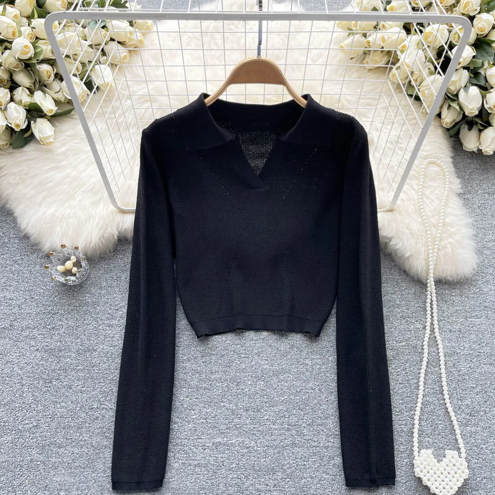 Solid Color Polo Collar Sweater