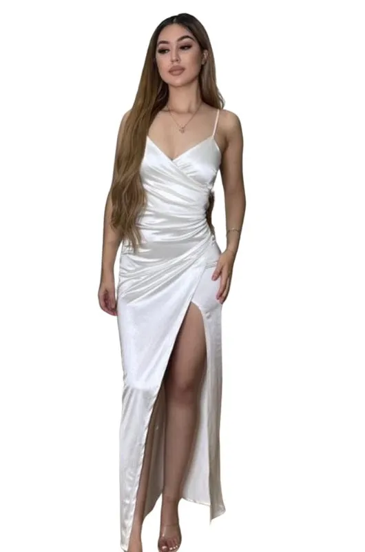 Solid Satin High Slit Bodycon Midi Dress