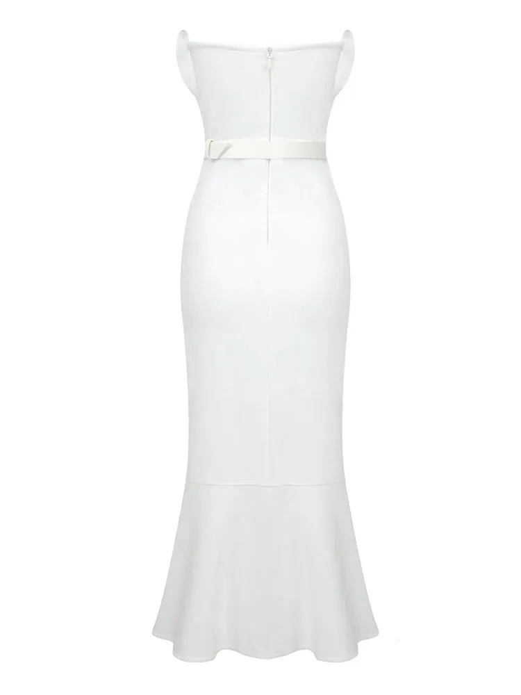 Solid Sexy Split Bodycon Dresses For Women Strapless Sleeveless High Waist Patchwork Belt Slimming Dress Female