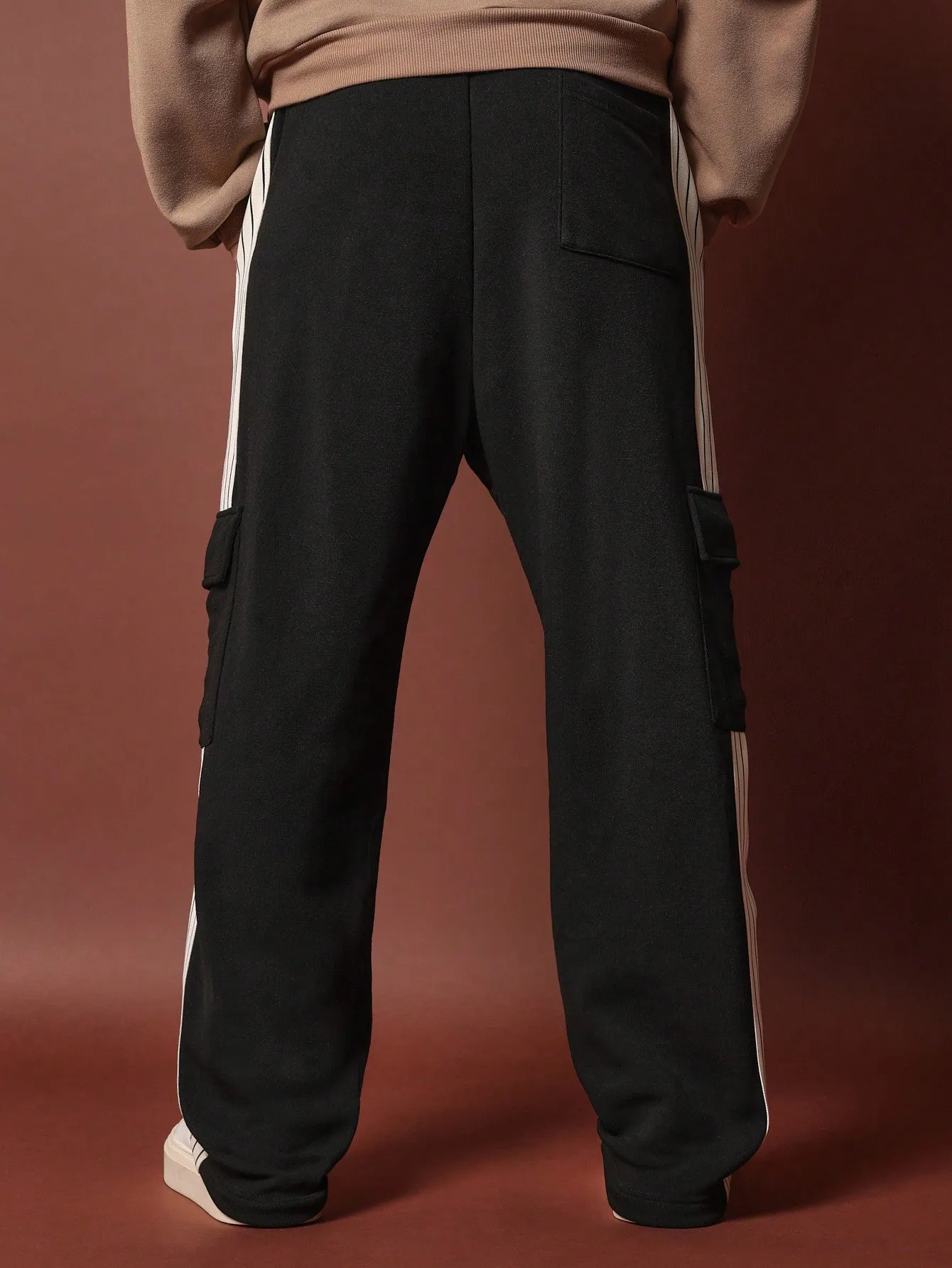 Straight Fit Multi Pocket Cargo Sweatpants With Drawcords & Side Tape