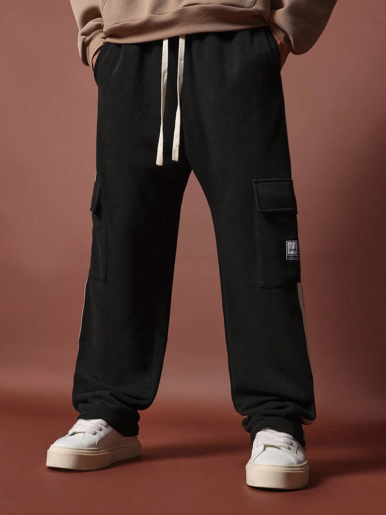 Straight Fit Multi Pocket Cargo Sweatpants With Drawcords & Side Tape