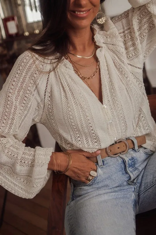 TEEK - Crochet Lace V-Neck Knit Blouse