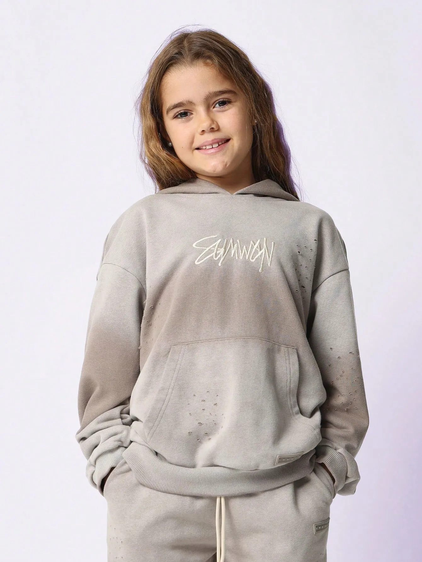 Tween Girls Oversized Overhead Washed Hoodie And Loose Fit Jogger With Embroidery & Small Distressed Detail 2 Piece Set