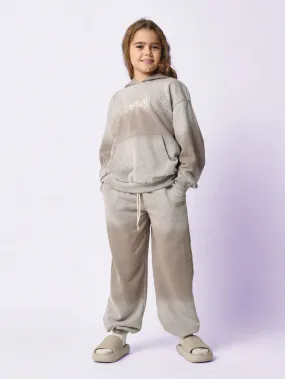 Tween Girls Oversized Overhead Washed Hoodie And Loose Fit Jogger With Embroidery & Small Distressed Detail 2 Piece Set