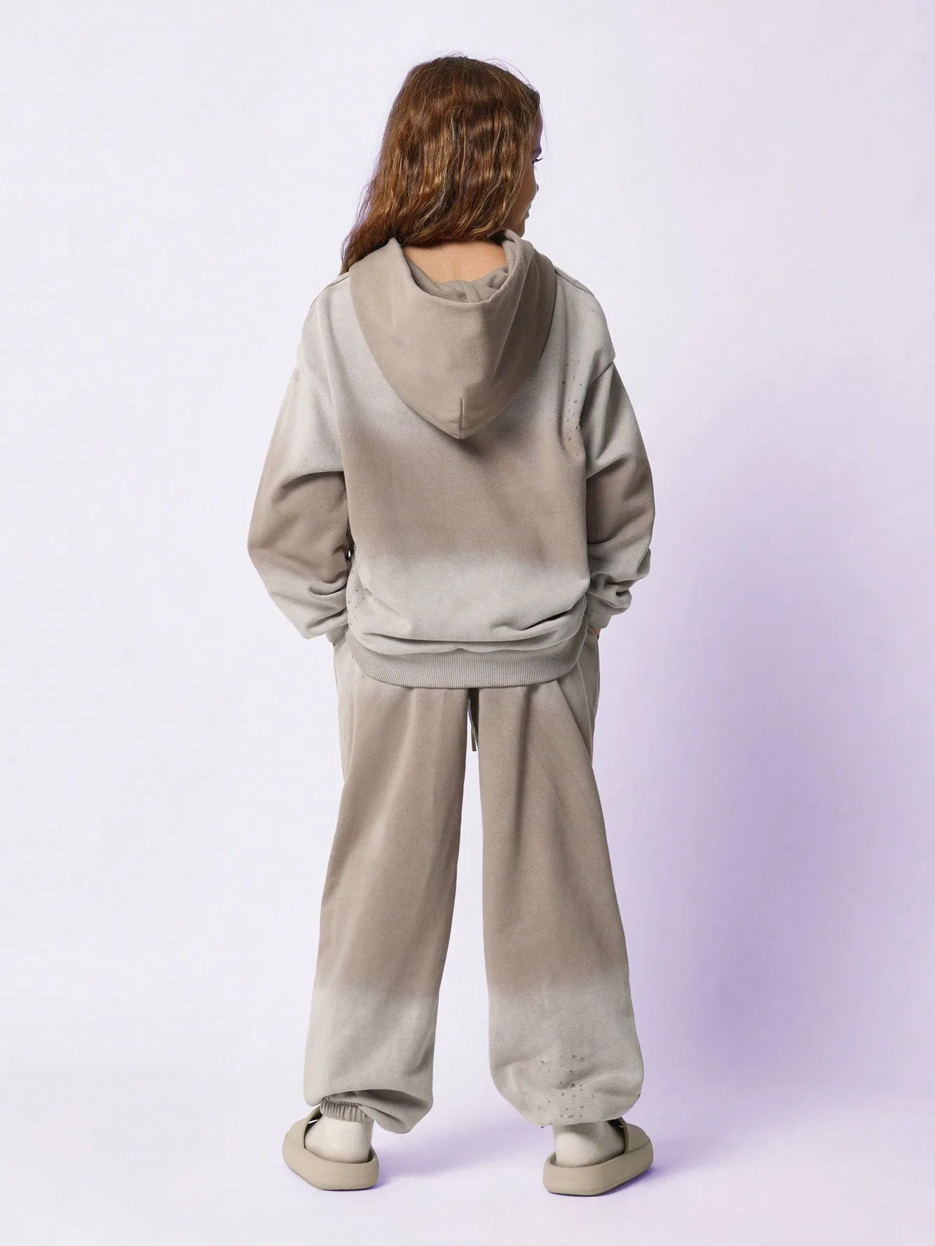 Tween Girls Oversized Overhead Washed Hoodie And Loose Fit Jogger With Embroidery & Small Distressed Detail 2 Piece Set