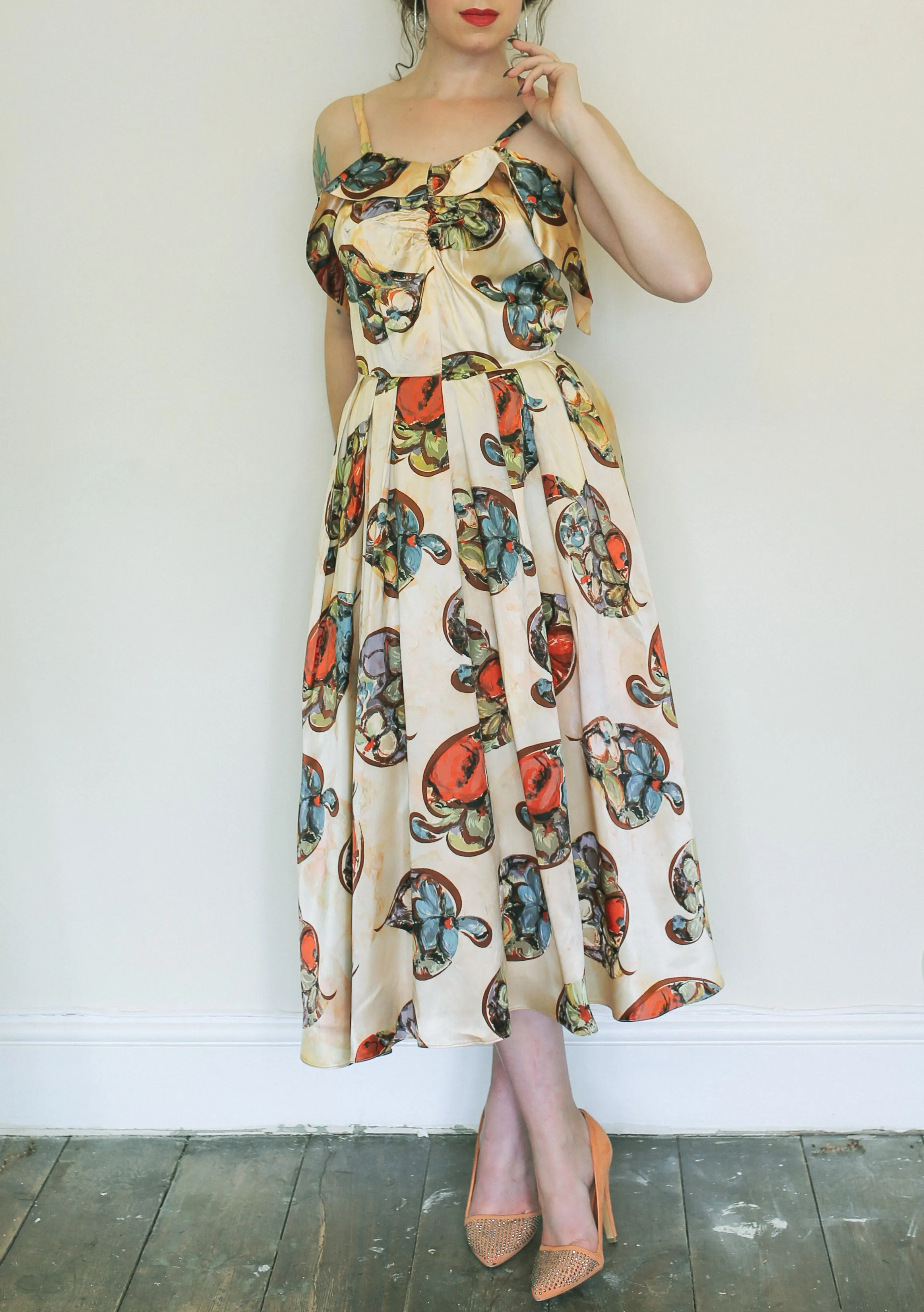Vintage 1940s Gold Floral Print Satin Dress