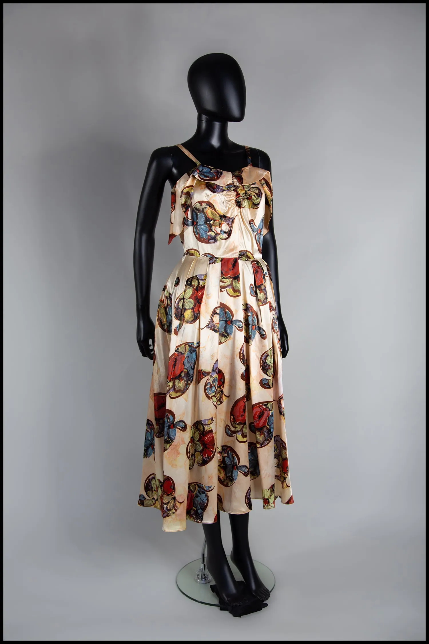 Vintage 1940s Gold Floral Print Satin Dress