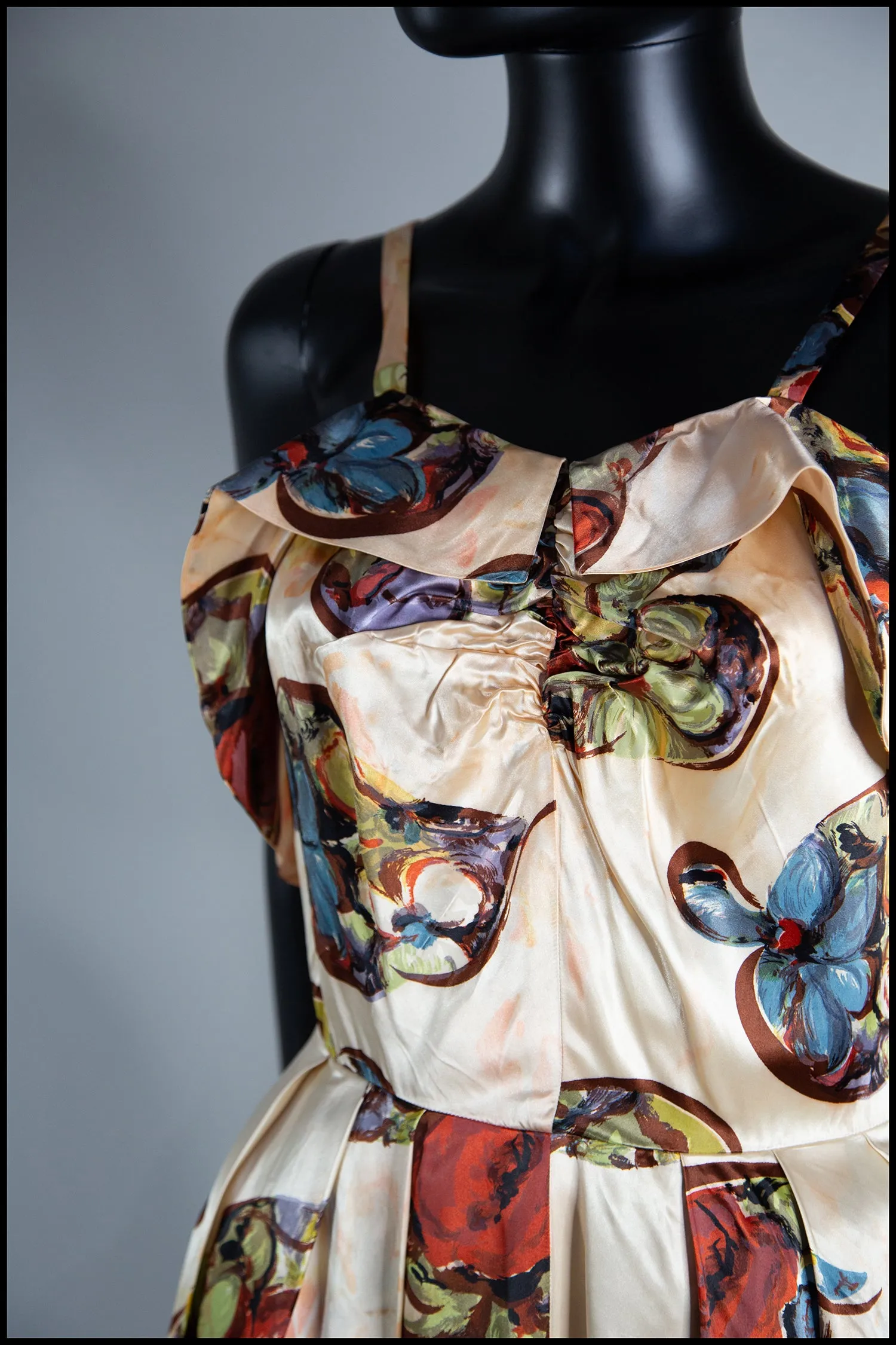 Vintage 1940s Gold Floral Print Satin Dress