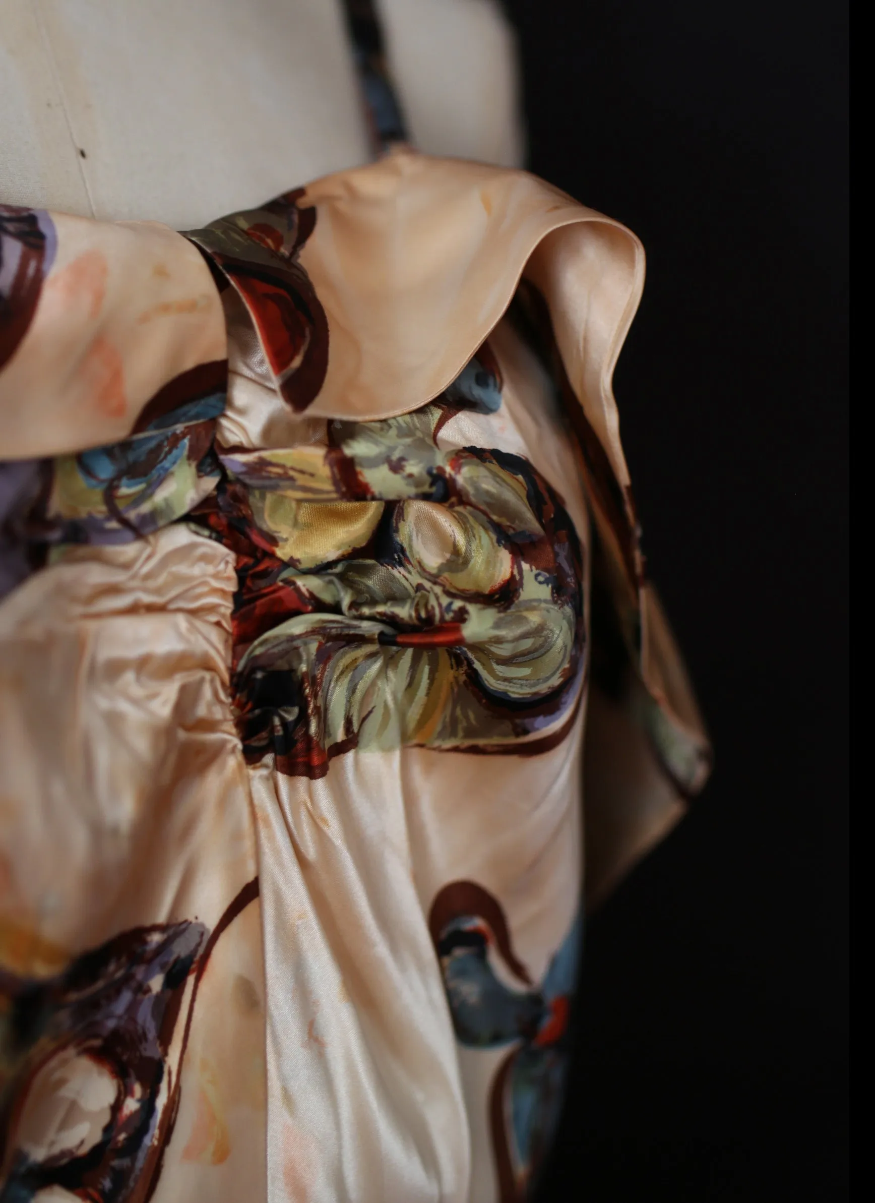 Vintage 1940s Gold Floral Print Satin Dress