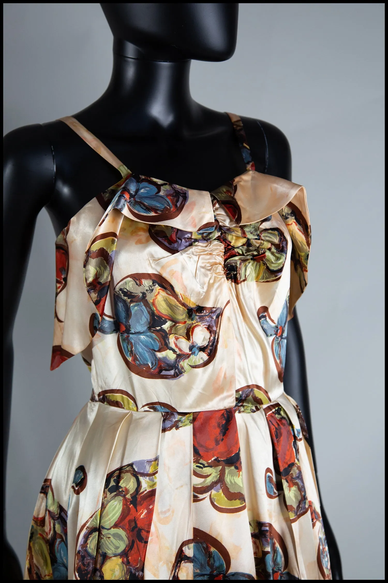 Vintage 1940s Gold Floral Print Satin Dress