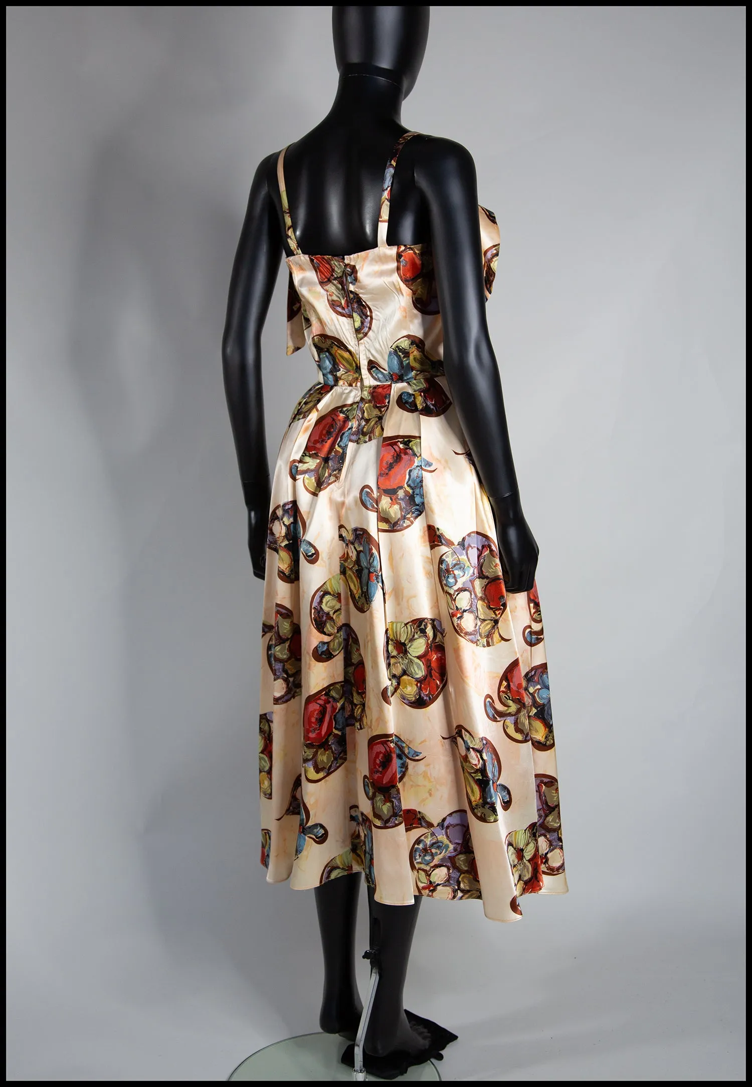 Vintage 1940s Gold Floral Print Satin Dress