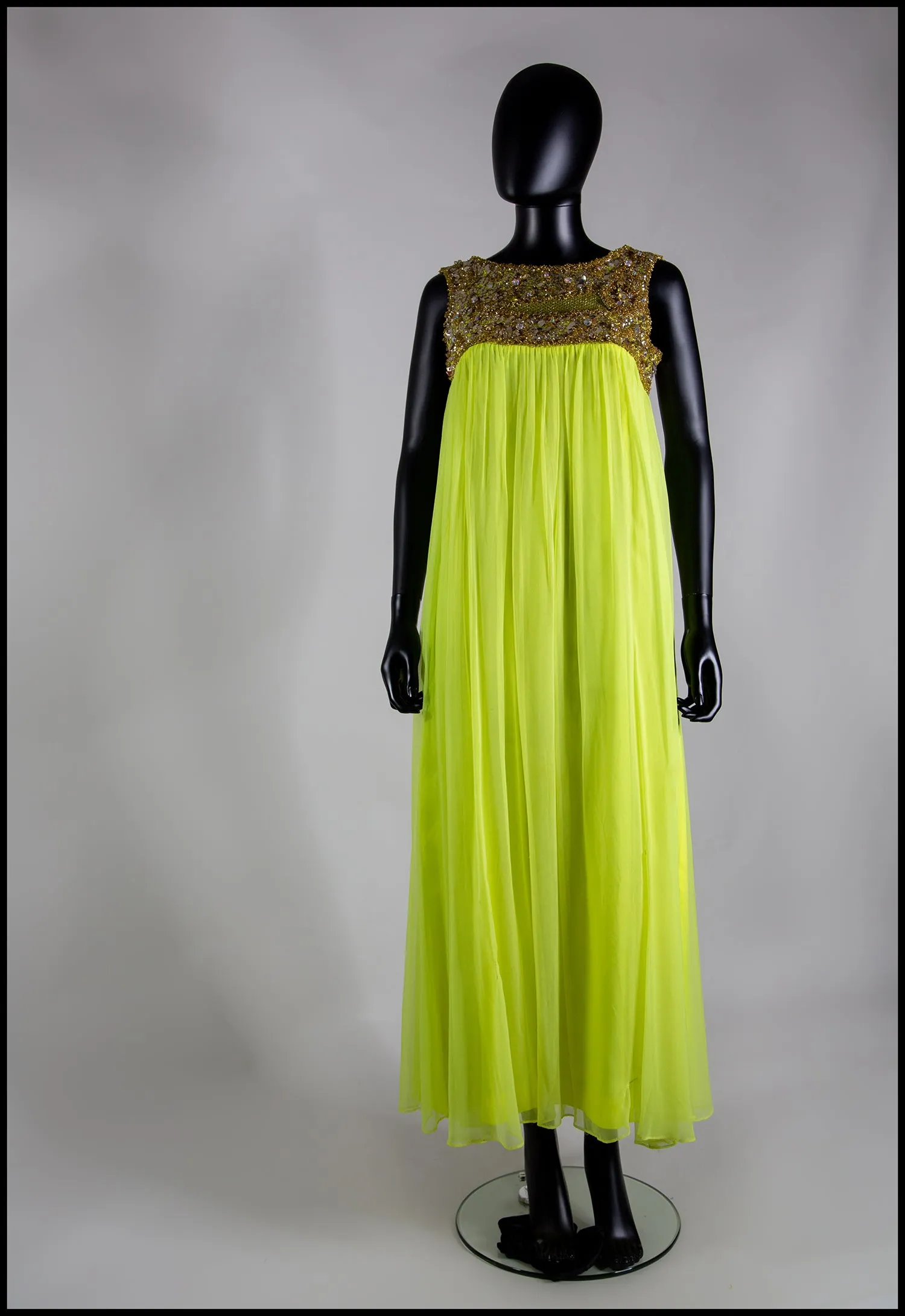 Vintage 1960s Neon Yellow Chiffon Beaded Dress